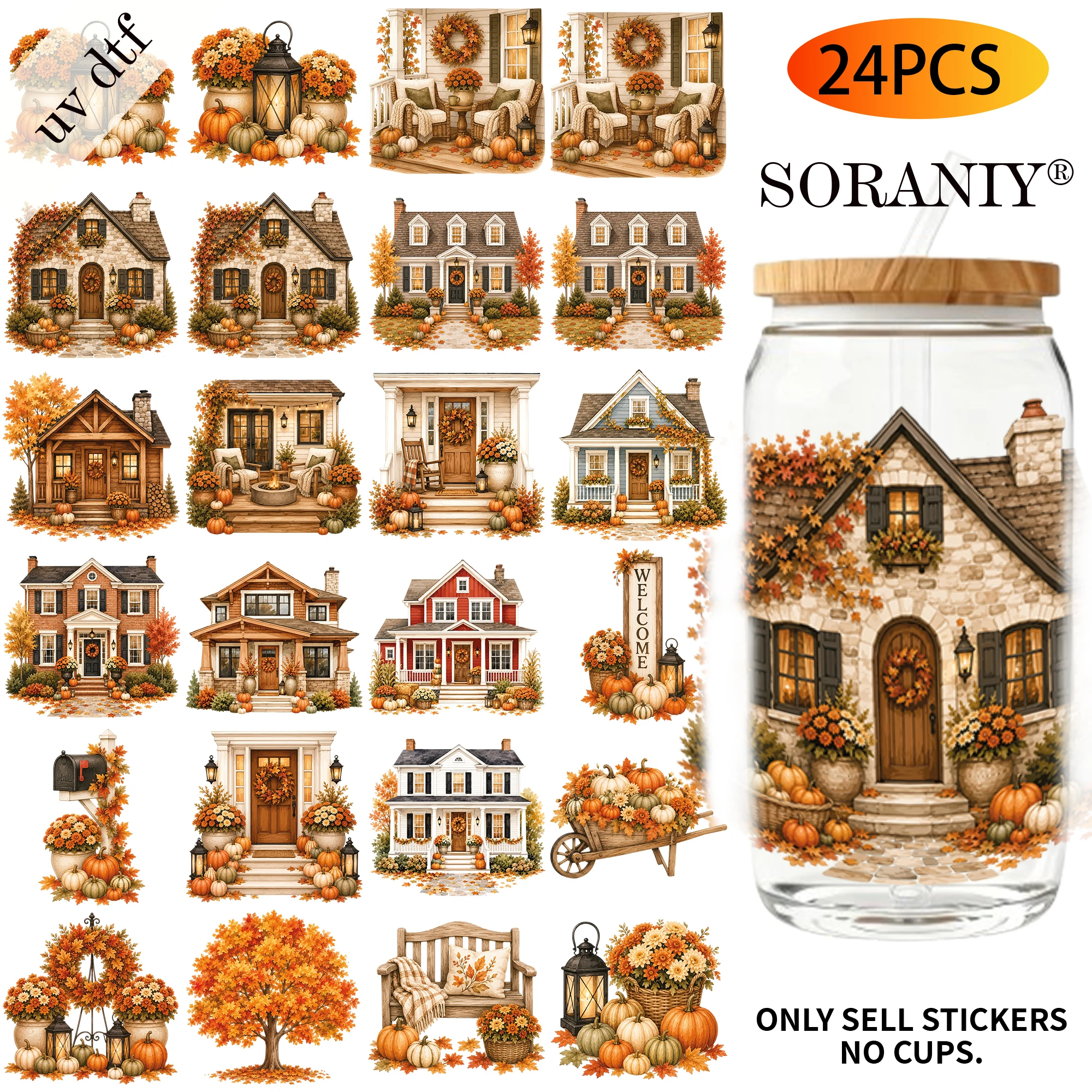 UV DTF Transfer Stickers - 24Pcs/Set Autumn Cabin Theme UV DTF 16OZ DIY Transfer Stickers
