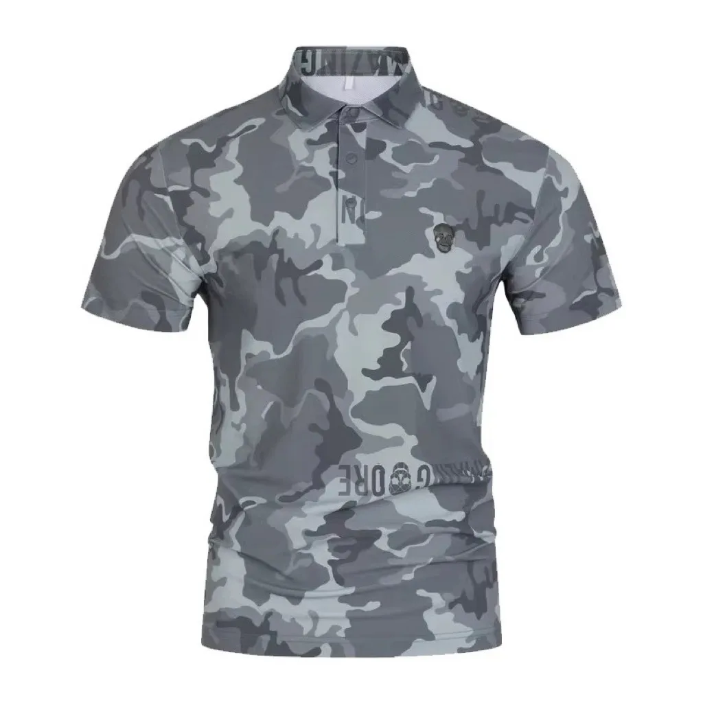 New Summer Men's Korean Golf T Shirt Chic Camouflage Collar Half Series Buckle Short Sleeve Golf Top