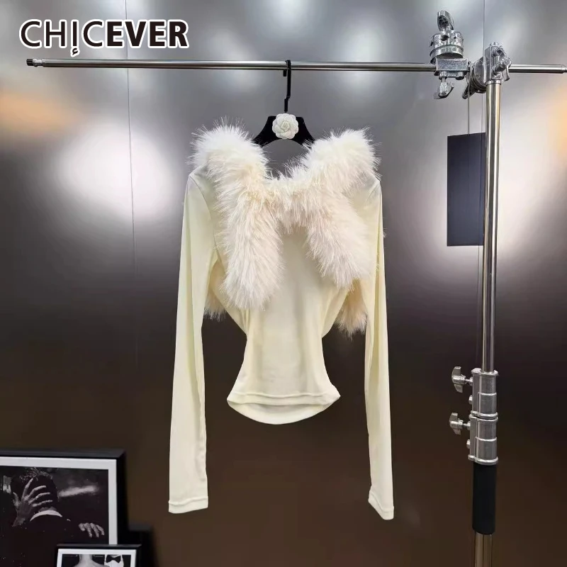 

CHICEVER Yellow Spliced Fur T Shirt Female O Neck Long Sleeve Slimming Sexy Backless Women's T Shirts Autumn Fashion Style New