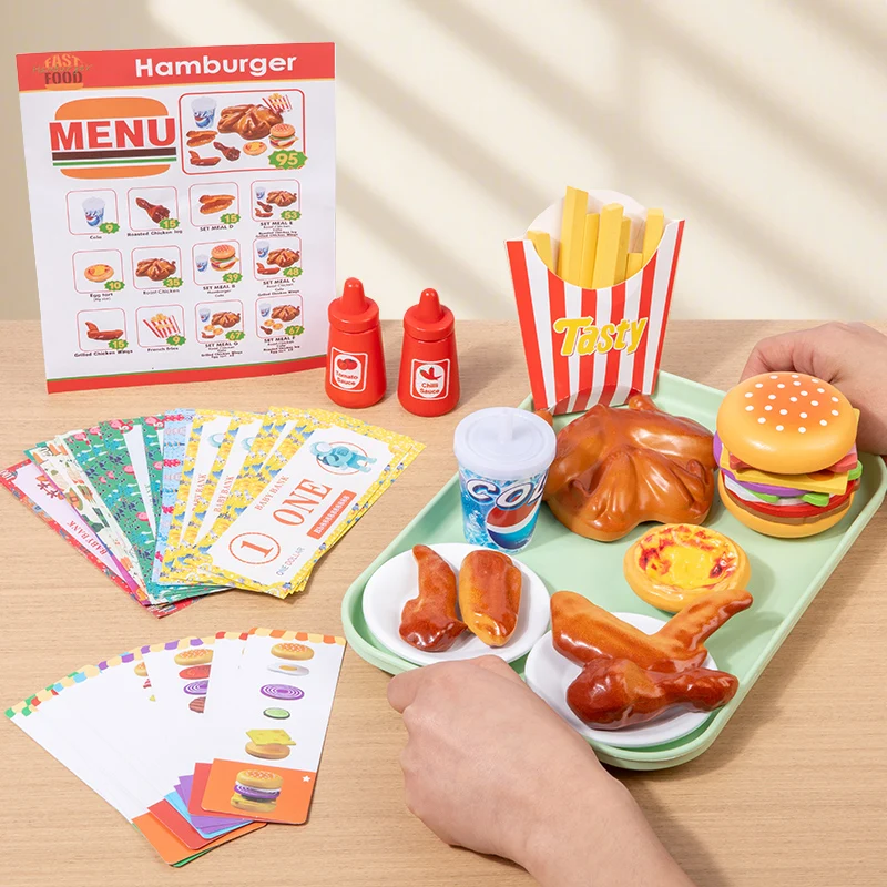 Holzspielzeug für Fast-Food-Küchen-Rollenspiele, simuliertes Essen, lehrreiches Hamburger- und Hähnchen-Set, Kinder-Spielhaus-Spiel