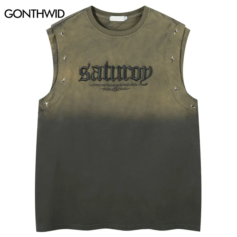 

Винтажная майка с заклепками Y2K, уличная футболка без рукавов с вышивкой Tie Dye, жилет в стиле хип-хоп, Harajuku, панк, готические рубашки большого размера