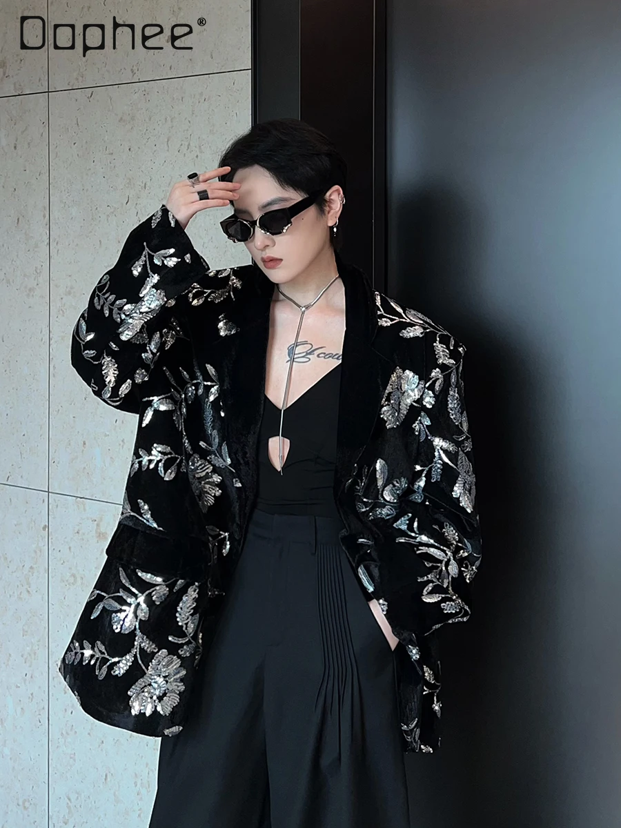 Street Personality Glitter Sequins Velvet Blazer Fashion Long Sleeve Heavy Industry Vintage Print Cross Neck Oversized Blazers