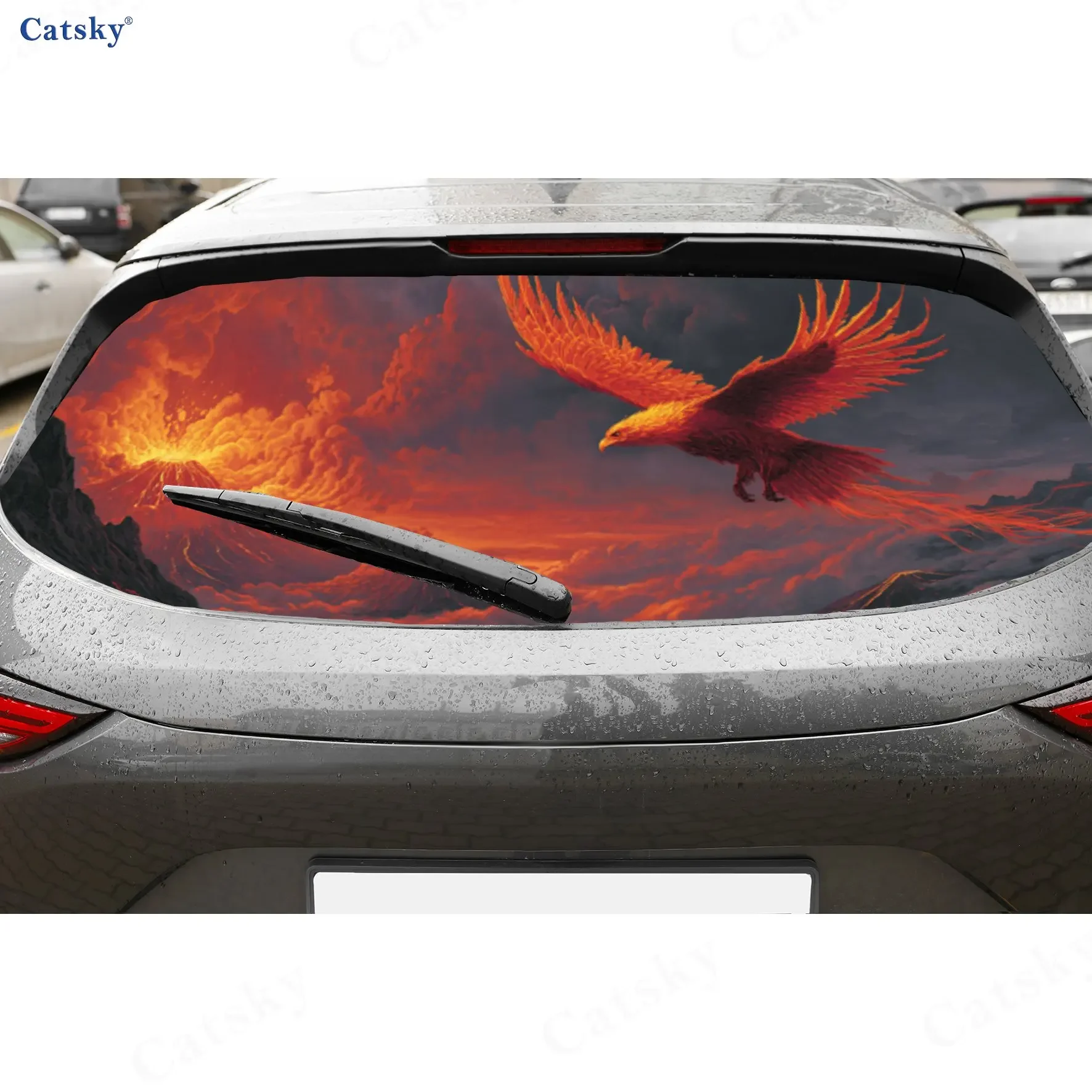 Mythical Phoenix Flame Lava Dominance PVC Perforated Car Vinyl Wraps, Durable Car Rear Windshield Sticker, Waterproof Car Rear W