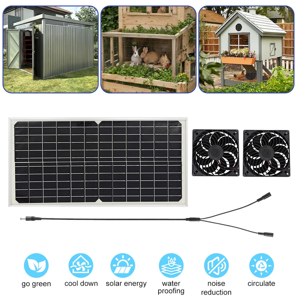 Solar Powered Exhaust Fan Kit Dual Fans Solar Panel Ventilation System Waterproof Low Noise Air Circulation Cooler for Chicken Coop Greenhouse Shed Pet House Outdoor Camping