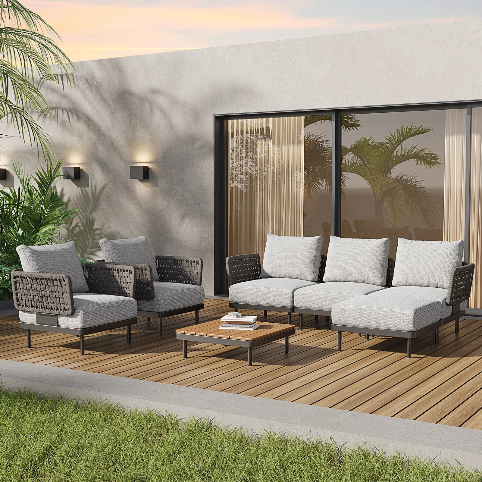 Patio Modular Sectional Sofa Woven Rattan Rope Couch Outside Chairs for Living Room Porch Backyard Outdoor Furniture