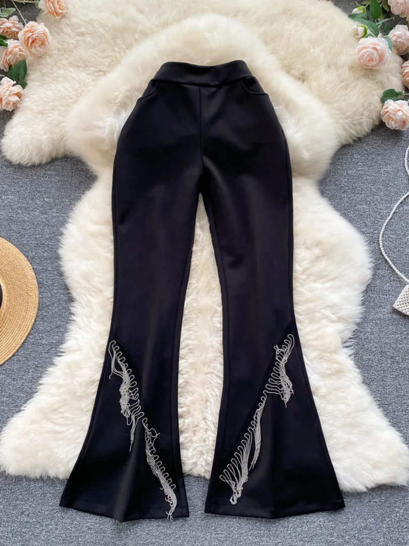 

Women Black Long Pants 2024 Korean Fashion Spring High Elastic Waist Tassels Flared Pants Casual Female Trousers