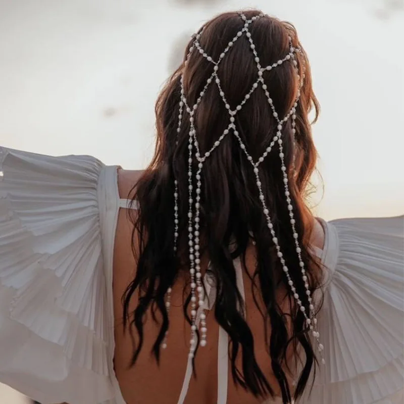 

Повязка на голову с жемчужной кисточкой, темпераментная сетка, цепочка для волос с бриллиантами, ювелирная повязка на голову для невесты