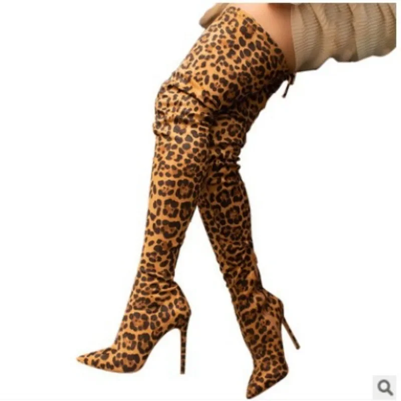 2024 New Sexy Over The Knee Long Boots Leopard Flock High Heels 11CM Thin Heels Side Zipper Street Style Long Boots for Women