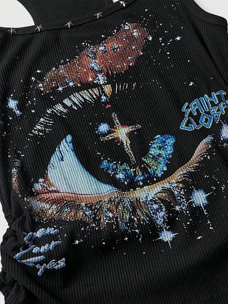 

Summer Edgy Black Tank Top Women Star Graphic Print Racerback Sleeveless Crop Top Slim Fit Ribbed Knit Streetwear
