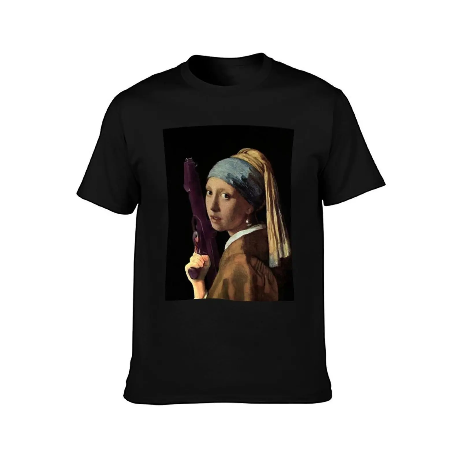 Girl with a Pearl Earring holding a Ray gun - Funny Vermeer mashup T-Shirt, Summer Casual Cotton Tee, Oversized Streetwear Tops