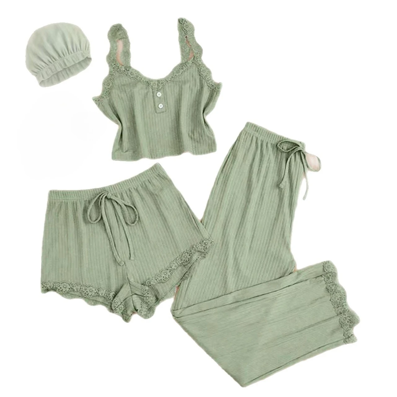 4 Pcs Striped Lounge Suit Camisole Shorts Trousers Nightcap Button Details Ruffled Edges Alluring Homewear Outfit Erotic Set