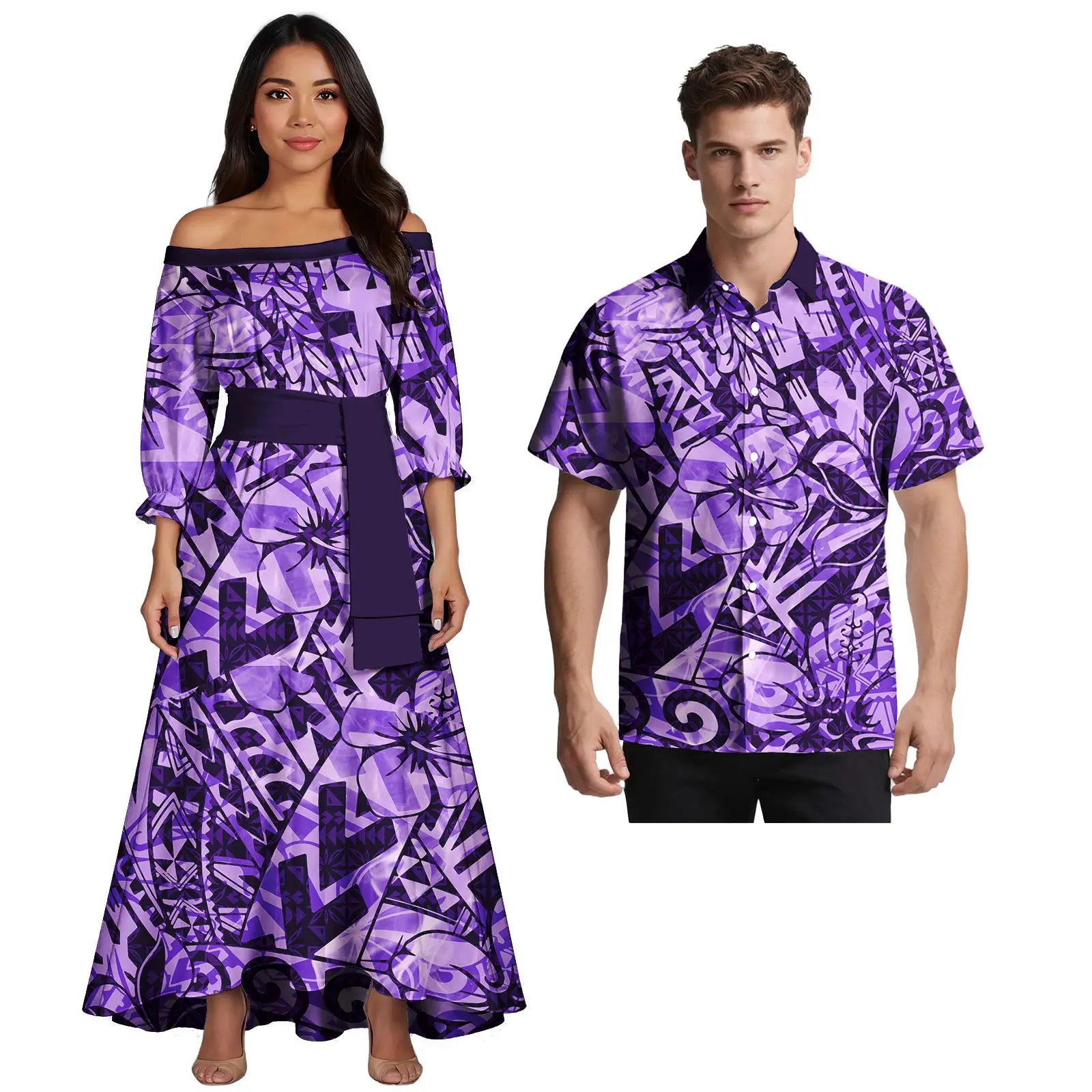 Prom Couple Suits Women Slim Sexy Dress Polynesian Pattern Matching Short Sleeve Men's Hawaii Shirt Plus Size Wholesale
