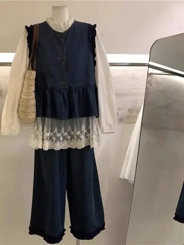 

plus Size Women's Casual Denim Set Vest Wide Leg Pants Sleeveless Wood Grain Summer Fashion Two-Piece Suit Korean Style