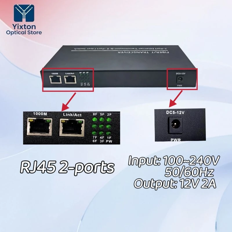

Трансивер-конвертер Gigabit Ethernet для оптоволокна, 1000M, 8 портов 1.25G Fiber, 2 порта RJ45, 12В 2А, 20КМ, SC, одномодовый, 1310нм