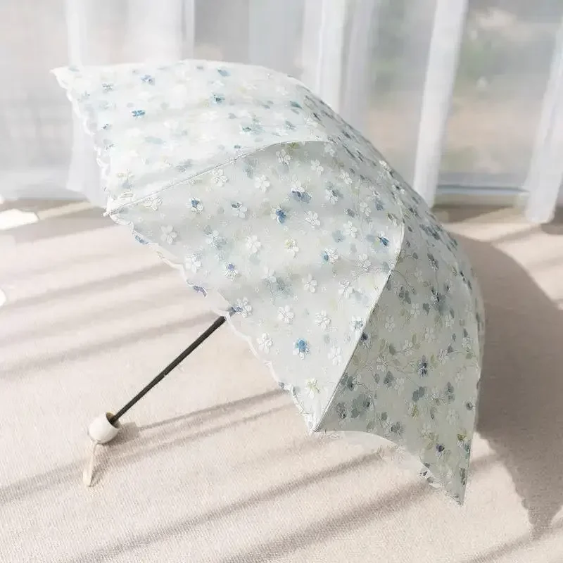 Fashion Double-layer Lace Floral Embroidery Folding Umbrella Summer Outdoor Mini Sunscreen UV Protection Foldable Sunny Umbrella