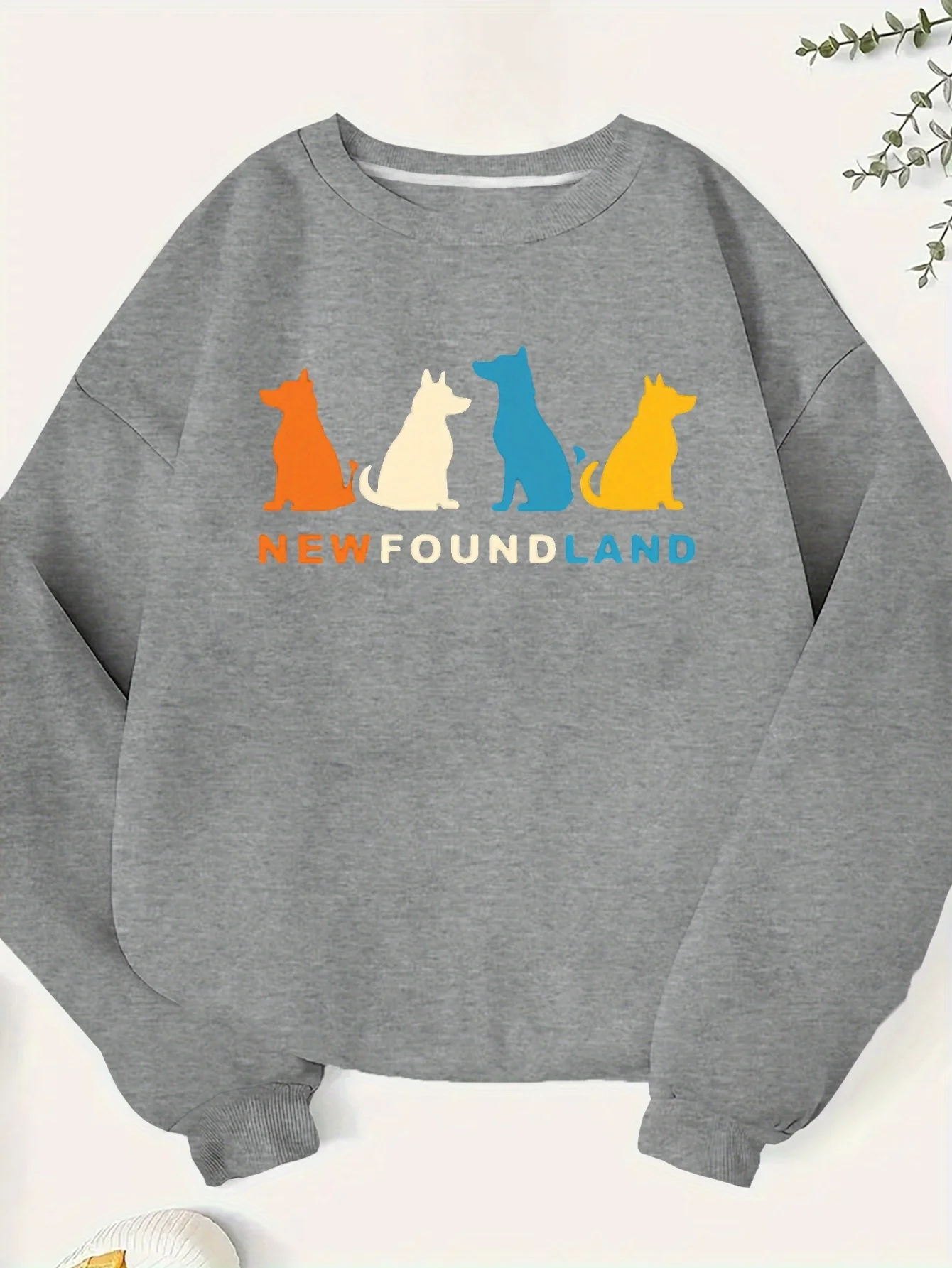 

Plus Size Women's Newfoundland Dog Silhouette Sweatshirt - Cozy Casual Crew Neck Pullover with "newfoundland" Graphic, Colorful