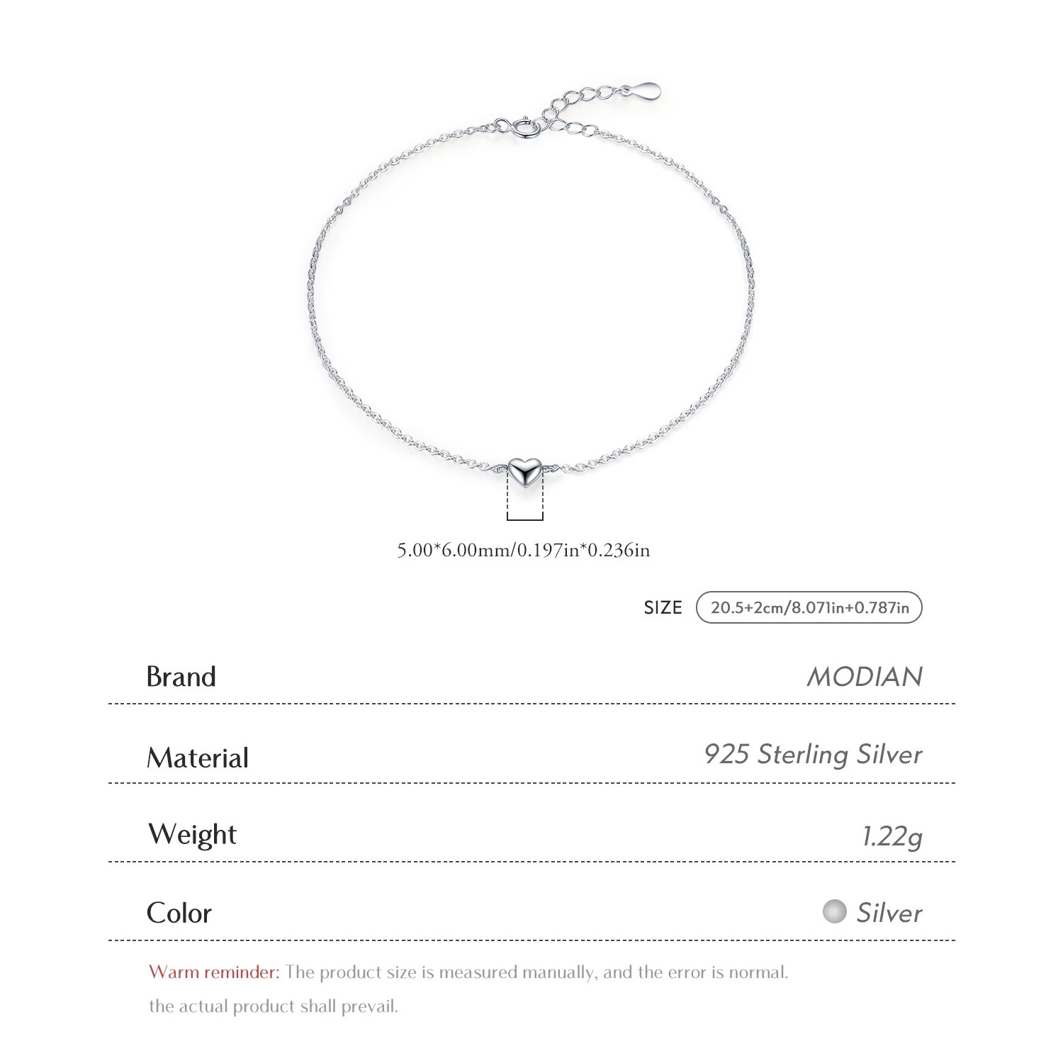 Modian Fashion Cute Heart Ankle For Women Real Solid 925 Sterling Silver Simple Link Chain Ankle Ethnic Style Fine Jewelry