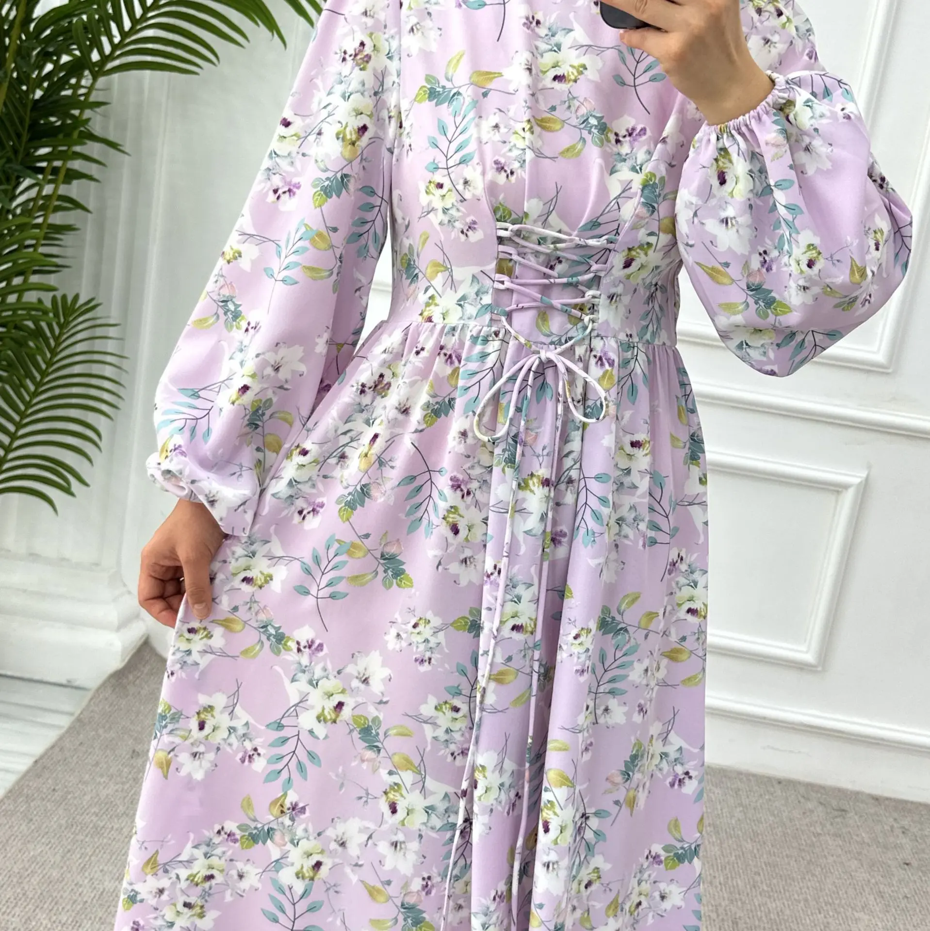 6 Colors Fashion Luxury Lace Up Muslim Abaya Dress Elegant Flower Printed Dress Waist and Ankle Length Printed Long Dresses