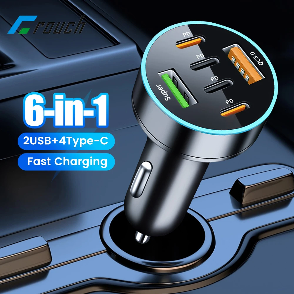 6-in-1 Fast Charging Car Charger PD QC3.0 USB Type C Car Phone Charger 12-24V Adapter in Car For iphone Xiaomi Samsung Oneplus