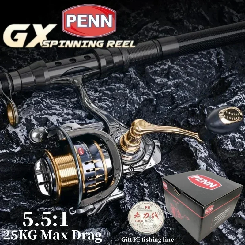 PENN GX1000-7000 Fishing Reel with 13+1 High-End Bearings, 25KG Max Drag, and Bonus PE Fishing Line Gift