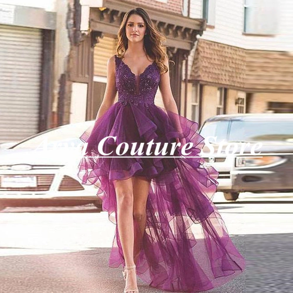 Fashion Grape Prom Dresses Sexy V-Neck Lace Aplliques Hi-Low A-Line Tiered Tulle Party Gown Robes De Soirée Evening Dresss