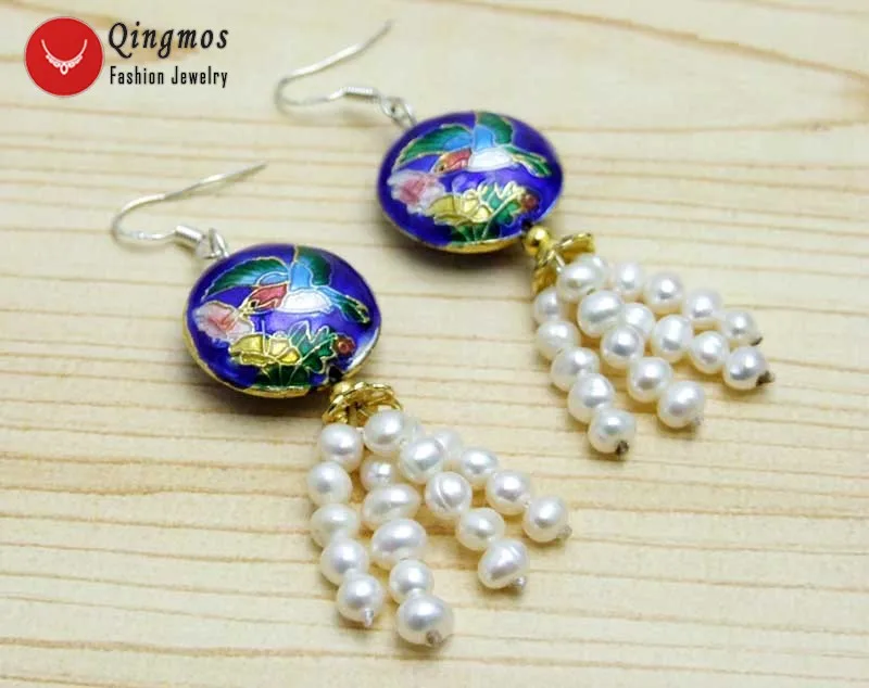Qingmos Trendy 4-5mm Natural White Pearl Earring for Women with Blue Cloisonne Earring Hummer Dangle Earring 2.5'' ear522