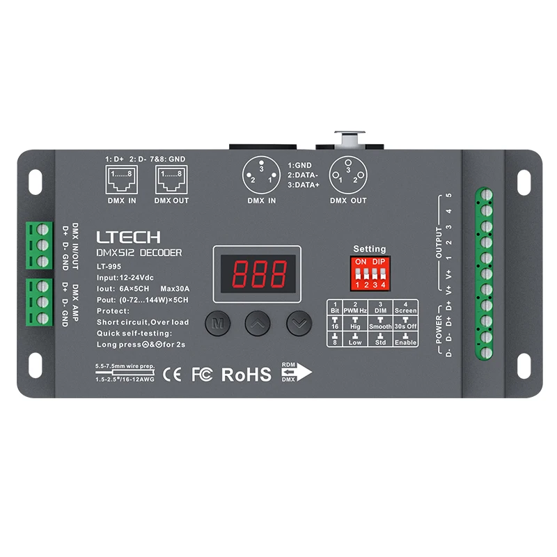 NEW LTECH Led DMX RDM Decoder Controller;DC12-24V 6A*5CH Max 30A 720W 5 Channel CV Constant Voltage DMX512 Slave 8 /16 Bit