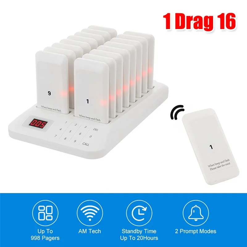 

Wireless Queuing Pager 16 Coaster Buzzer Receiver Paging System Restaurant Waterproof Vibration LED Flashing Light Ringing Pager