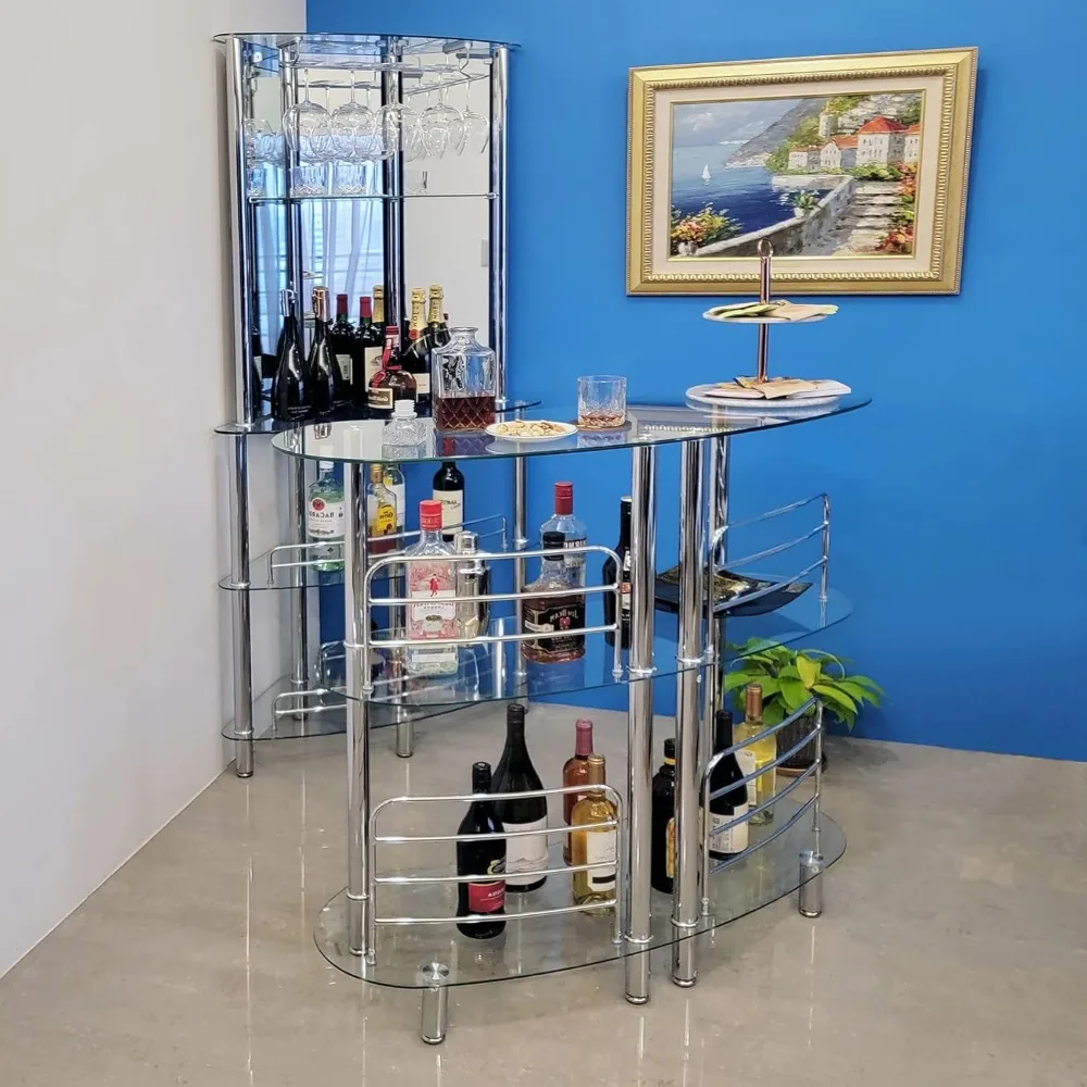 Bar Table for Home - Contemporary Modern Home Bar Unit, Liquor Bar with 2-Tier Storage Shelves