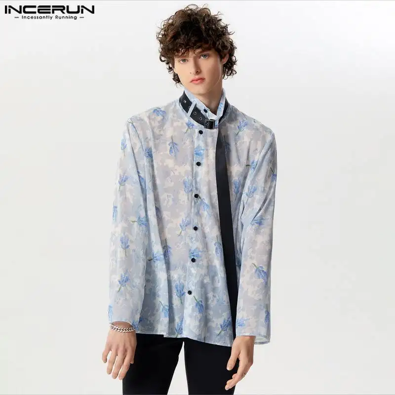 INCERUN Tops 2024 American Style Men's Printing Chiffon Slightly Transparent Shirts Casual Personality Long Sleeved Blouse S-5XL