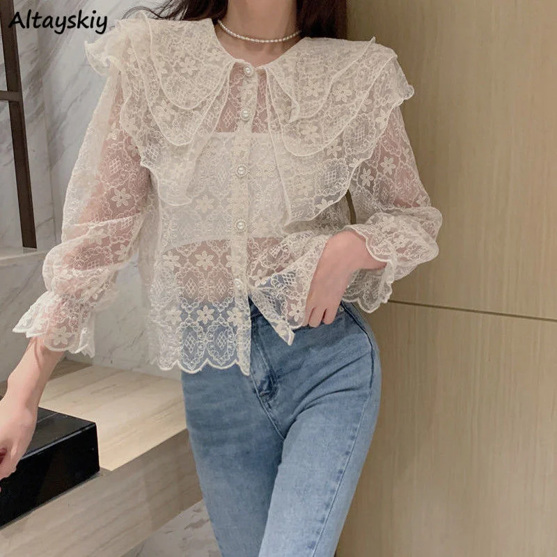 Shirts Women Sheer Thin Summer Sweet Ladies Fashion Lovely Simple Blusas Hot Sale Preppy Style Peter Pan Collar Ulzzang Holiday