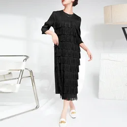 2025 Miyake Fold Design Sense Minority Fringe Dress Medium And Long Women's Loose Leisure Party Dress