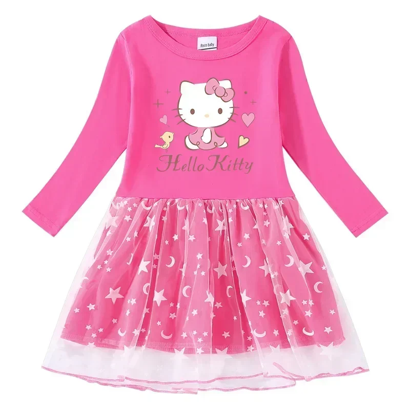 

kids cartoon net yarn long-sleeved princess dress Sanrio hello kitty long-sleeved dress spring autumn new girls cotton dress