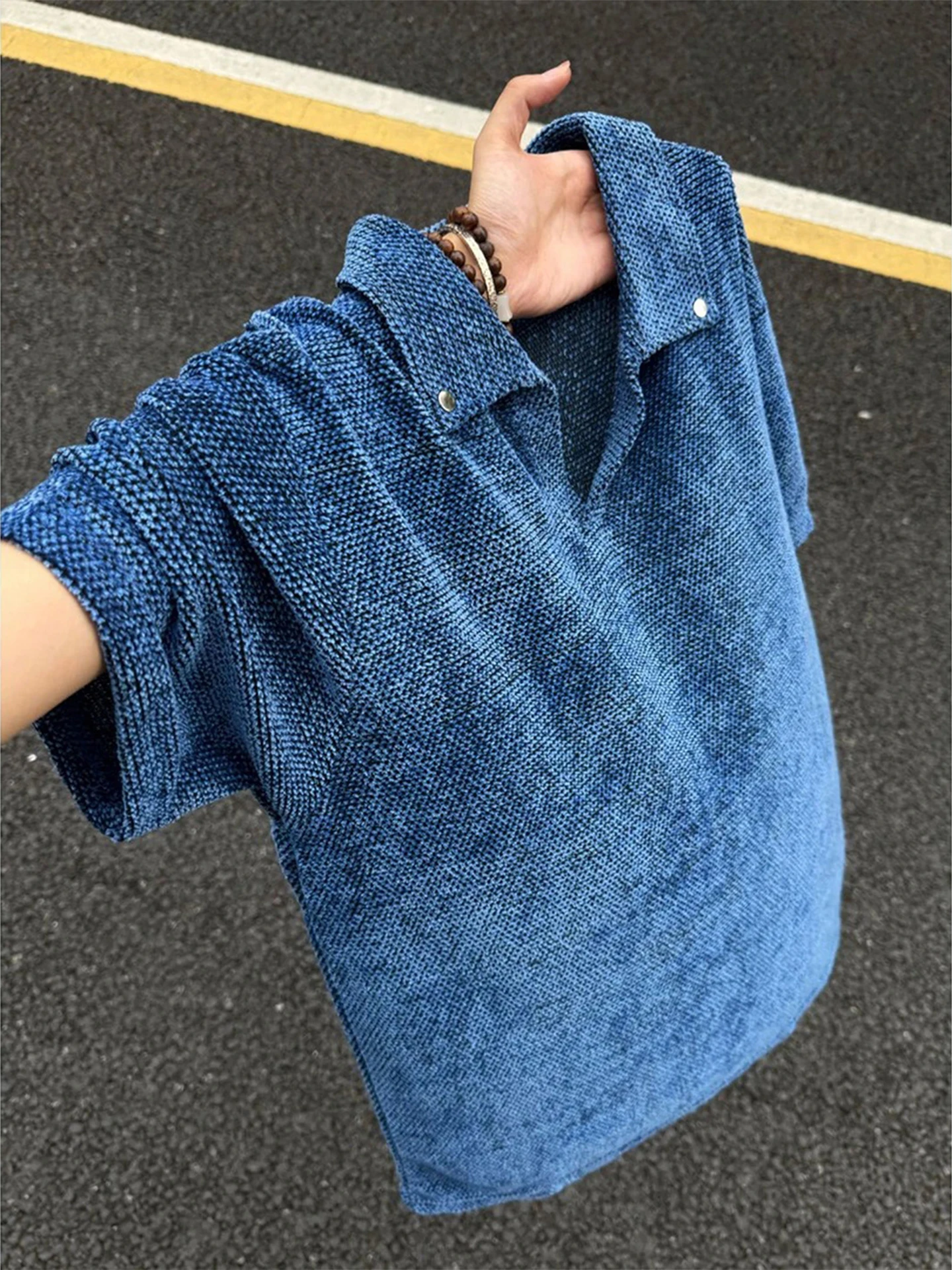 Blue Dragon Scale Pattern Rivet Short Sleeve  Shirt Men Summer Thin Breathable Collar Loose Casual Cool Feeling T-shirt