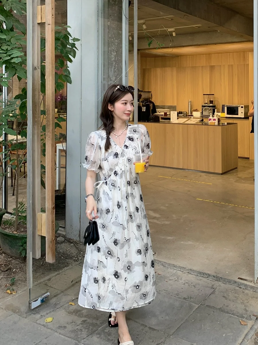 

Ele White Water-Media V-Ne Dr Slimming A-Line Long Skirt Faionable Korean Sle ort Sve Summer New Arrival