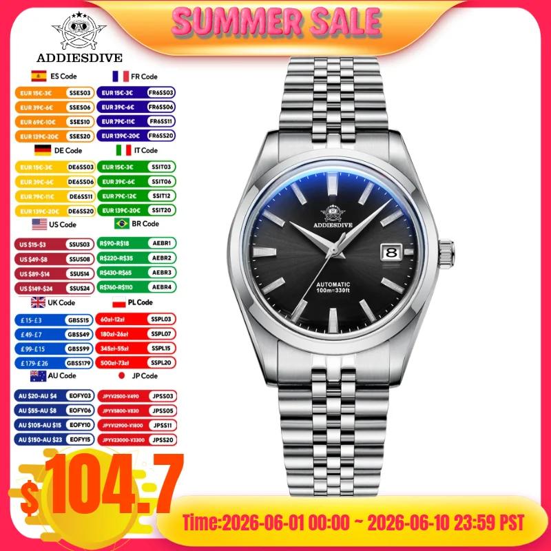 

ADDIESDIVE relogios masculino 39MM Men's Luxury Watch 316L Steel 10Bar Waterproof Bubble Mirror Glass Automatic Mechanical Watch