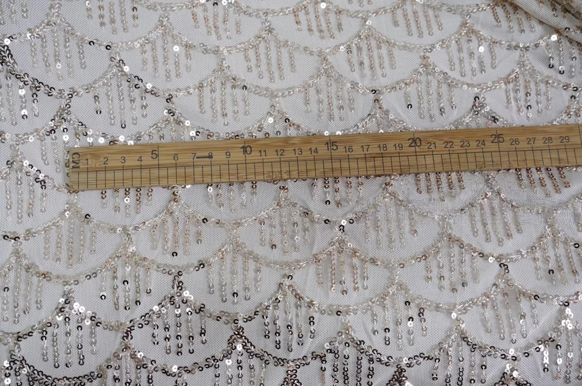 Champagne color 3mm fish scale glitter elastic fabric sewn wedding dress, children's clothing cheongsam designer fabric