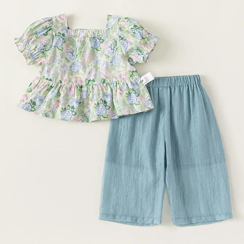 

Летняя одежда для девочек, костюм для малышей, корейская мода, детские топы с пышными рукавами и цветочным принтом + свободные штаны, детская эксклюзивная одежда B108