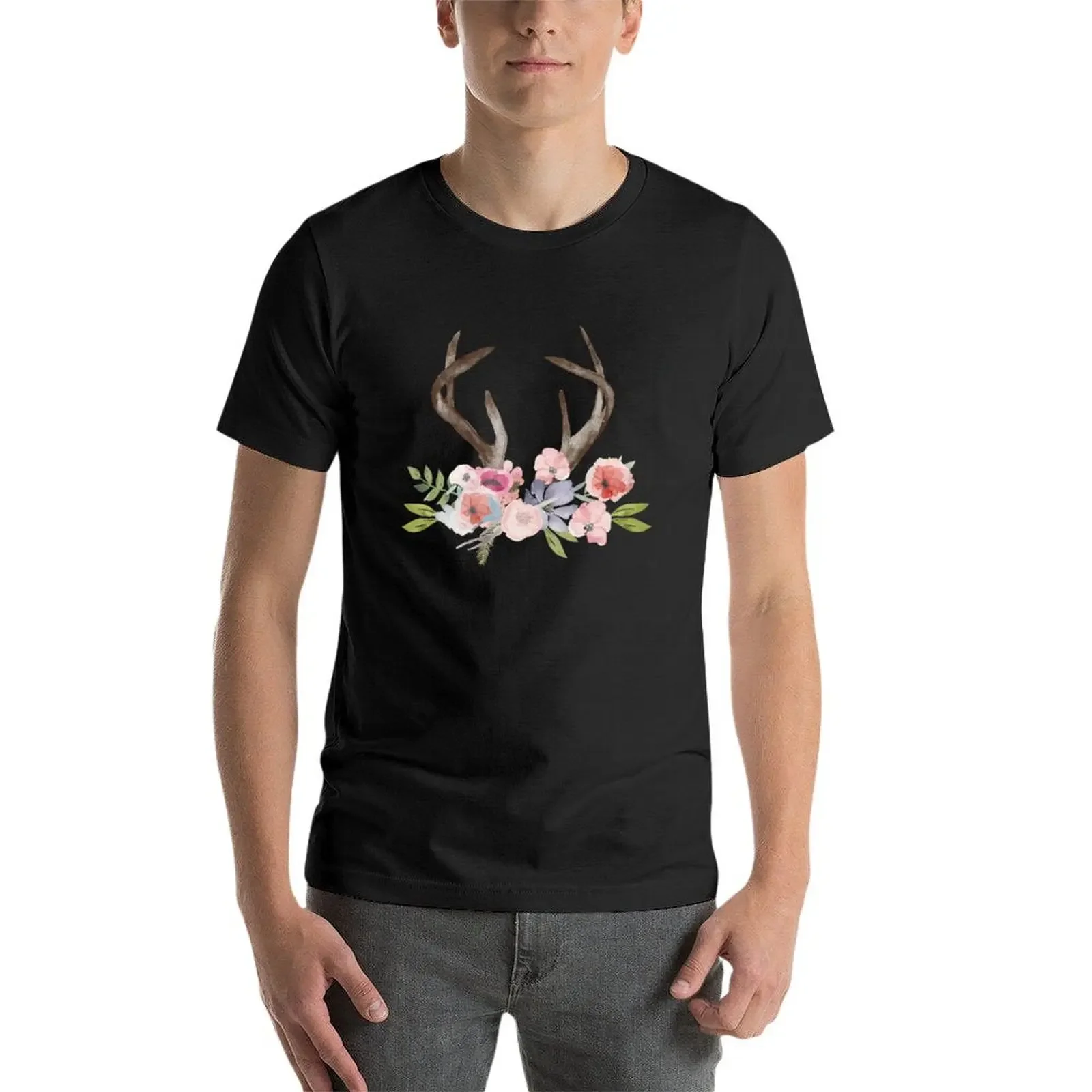 Camiseta rústica de acuarela con flores silvestres y astas, camisetas gráficas de algodón, camisetas baratas, camiseta gráfica para hombres