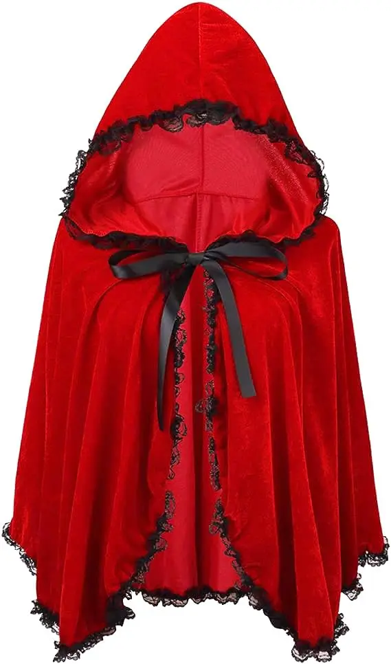 Red Velvet Black Lace Hooded Velvet Cape Ladies Cape Halloween Christmas Cosplay Party Fancy Cape