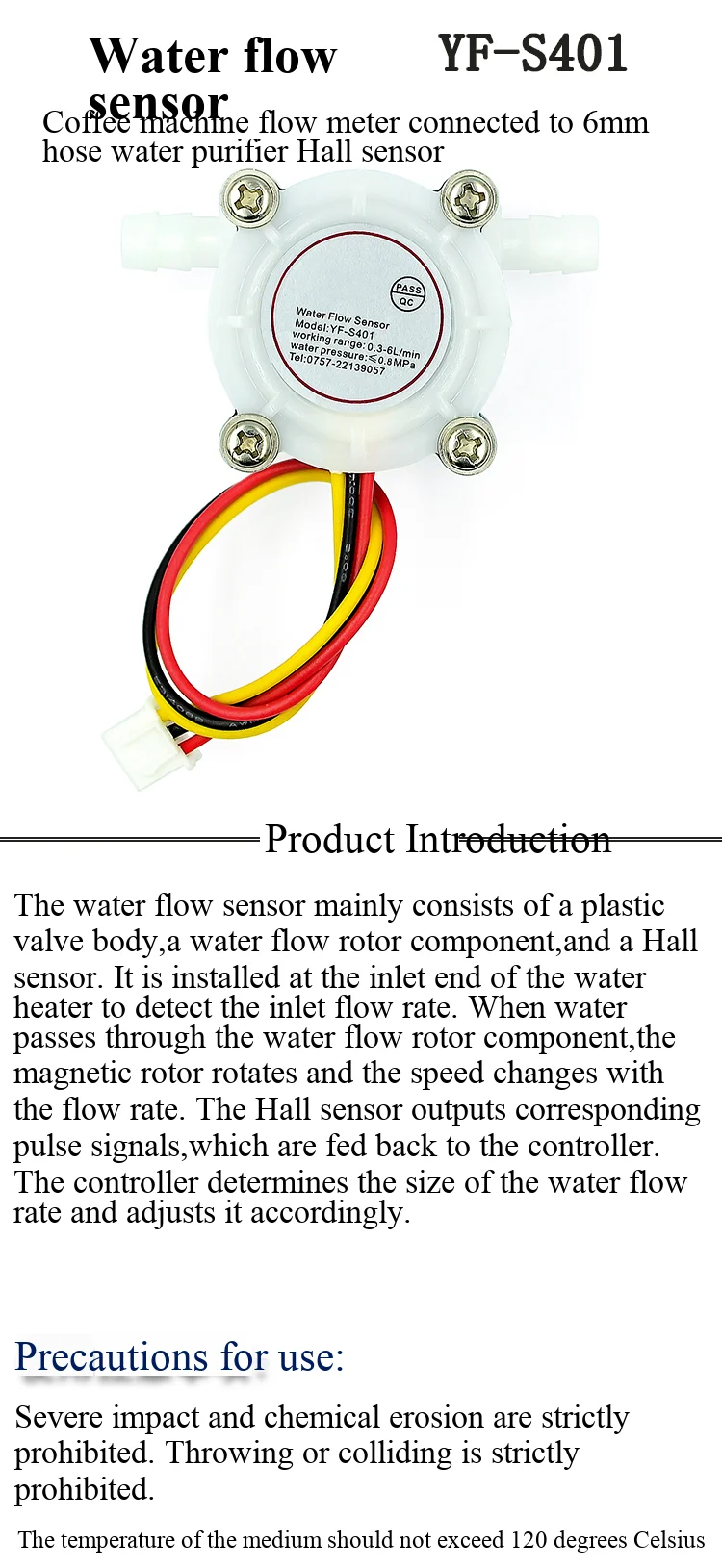 Kaffeemaschinen-Durchflussmesser, Wasserdurchflusssensor, an 6-mm-Schlauch angeschlossen, Wasseraufbereiter-Hall-Sensor, YF-S401 – Detail 2