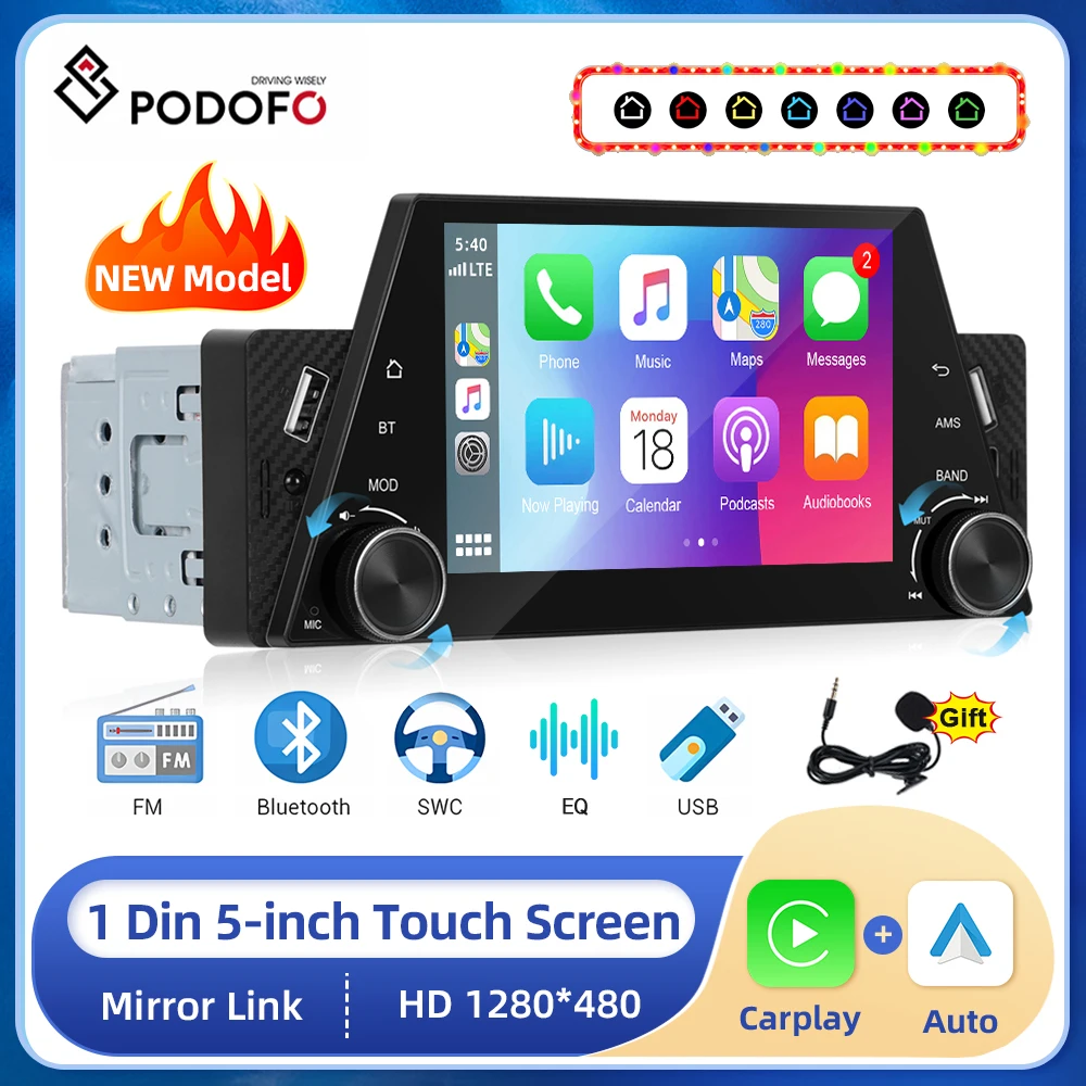 Podofo 1din Car Carplay Android auto Car Multimedia Player With Auto Navigation Display Mirrorlink 5inch MP5 Player BT/FM