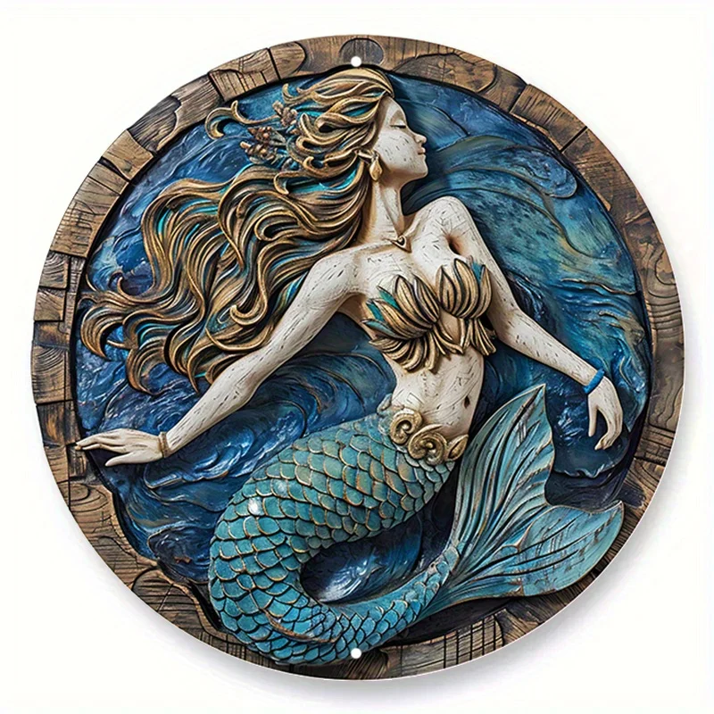 8x8 Inch Metal Sign Faux Wooden Carved Painted Circular Wreath Sign Entrance Decoration Pet Lovers Gifts Mermaid Themed Decor