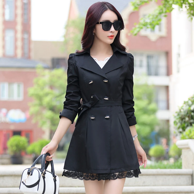 여성을위한 유행 폴로 칼라 트렌치 코트 30 40 50 세 어머니 봄 가을 중간 길이 젊은 재킷