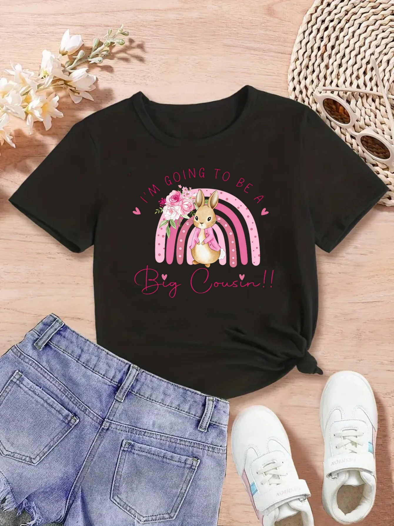 I Am Going To Be A Big Cousin Rainbow Flowers Bunny Printed T Shirt Girls Pregnancy Announcement Shirt Funny Kids Clothes