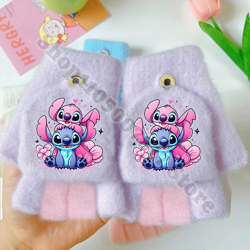 Детские перчатки с мультяшным принтом Disney Lilo Stitch, милые перчатки в стиле аниме, зимние повседневные аксессуары, теплые варежки, рождественские подарки для девочек