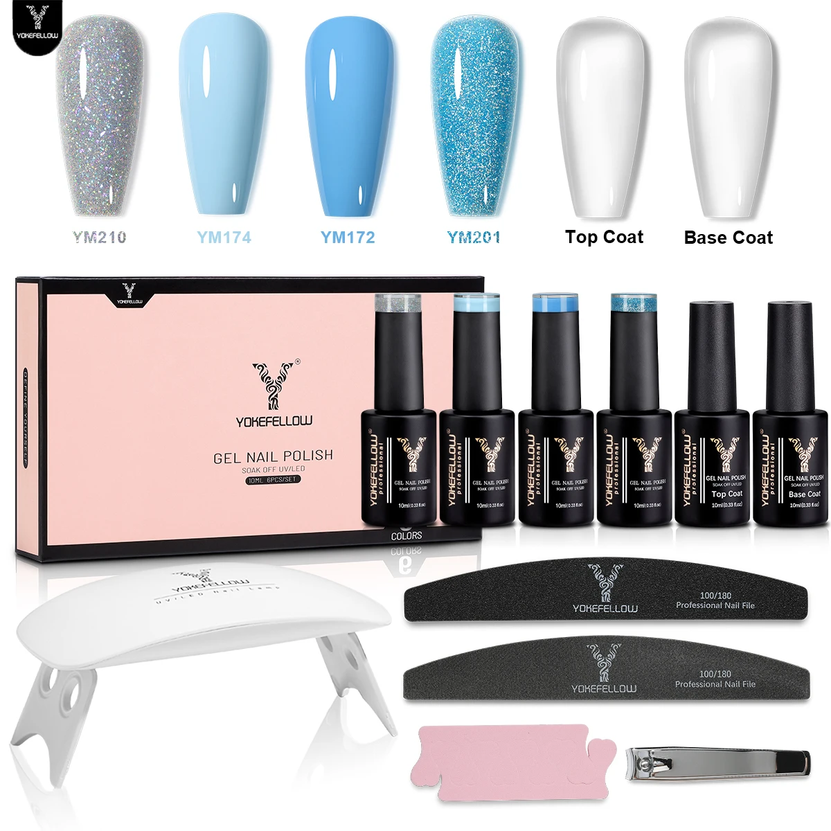 

YOKEFELLOW Blue Gel Nail Polish Set with Base and Top Coat Classic Popular Color All Season Soak Off UV LED Manicure Tool Kit