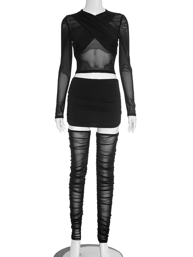 Kliou Sexy See Through 3 Piece Set Woman Ruched Cross Neck Full Sleeve Top+Mini Skirts+Mesh Foot Cover Midnight Fashion Clubwear