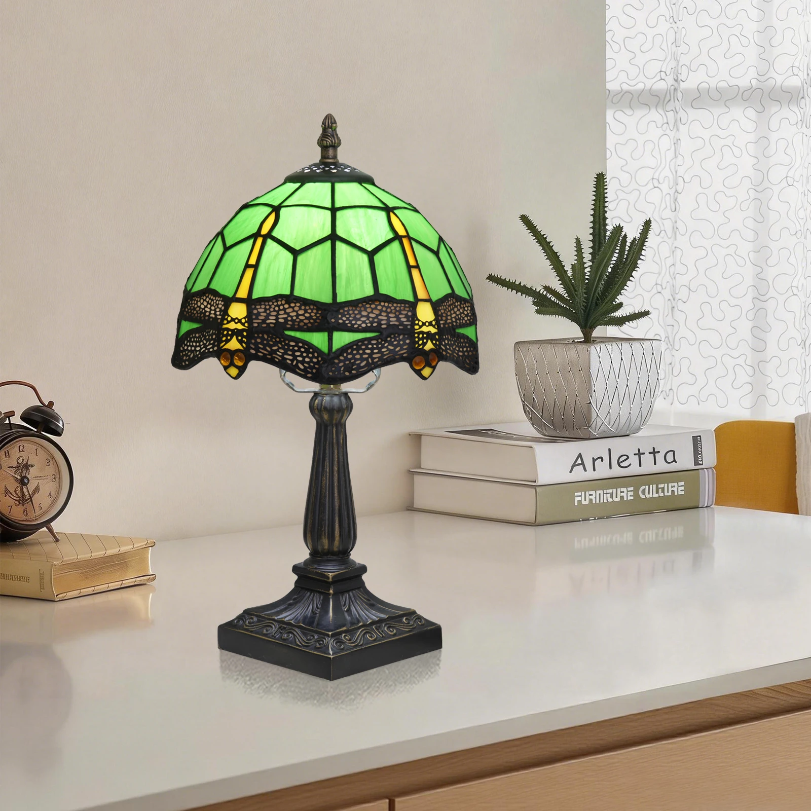 8-calowa zielona lampa stołowa z witrażem w kształcie ważki, vintage lampka nocna na biurko lub przy łóżku, ręcznie wykonany antyczny prezent artystyczny, do salonu