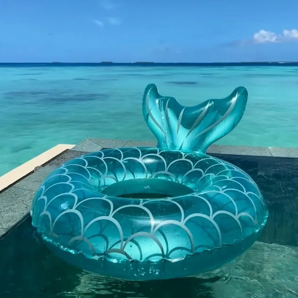 Adult Inflatable Mermaid Tail Swim Ring – Transparent Blue Krystal Clear Pool Float, Durable Summer Swim Gear for Adults & Kids
